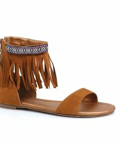 Ellie Shoes Tribal Fringe Native Flat Sandal With Embroidered Details