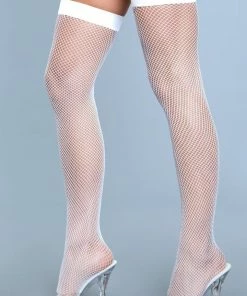 Be Wicked Nylon Fishnet Thigh Highs White