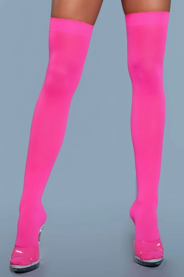 Be Wicked Opaque Nylon Thigh Highs Neon Pink 4 Be Wicked Opaque Nylon Thigh Highs Neon Pink