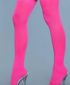 Be Wicked Opaque Nylon Thigh Highs Neon Pink