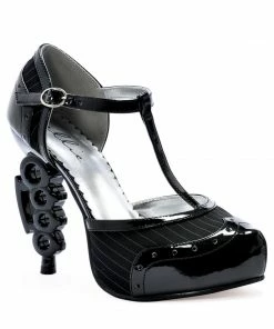 Ellie Shoes 5 Brass Knuckle Heel With Pinstripe Fabric & Black Patent