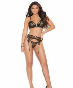 Elegant Moments Black Satin And Eyelash Lace Lingerie Set Plus Size Lingerie