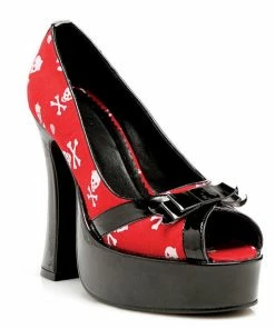 Ellie Shoes 5 Chunky Heel Satin Skull Peep Toe