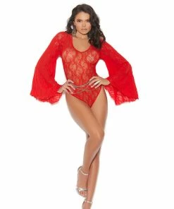 Elegant Moments Tops Red Lace Bodysuit With Bell Sleeves