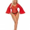 Elegant Moments Plus Size Lingerie Red Lace Bodysuit With Bell Sleeves