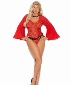 Elegant Moments Plus Size Lingerie Red Lace Bodysuit With Bell Sleeves