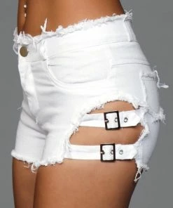 Be Wicked CLOTHING Buckled Down Denim Shorts White