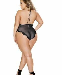 Roma Costume Black One Piece V-Shaped Eyelash Lace And Satin Teddy
