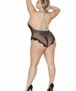 Roma Costume Plus Size Lingerie Black/Blue One Piece V-Shaped Eyelash Lace And Satin Teddy With Snap Bottom