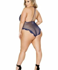 Roma Costume Plus Size Lingerie Navy Blue One Piece V-Shaped Eyelash Lace And Satin Teddy