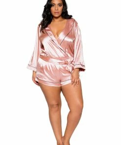 Roma Costume Plus Size Lingerie Chic Cozy Collared Satin Romper With Tie