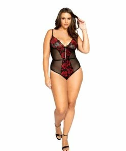 Roma Costume Floral Lace & Mesh Teddy With Lace-Up Trim
