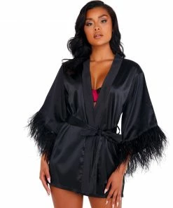 Roma Costume Soft Satin Robe With Ostrich Feathered Trim LINGERIE 12 Roma Costume Soft Satin Robe With Ostrich Feathered Trim LINGERIE
