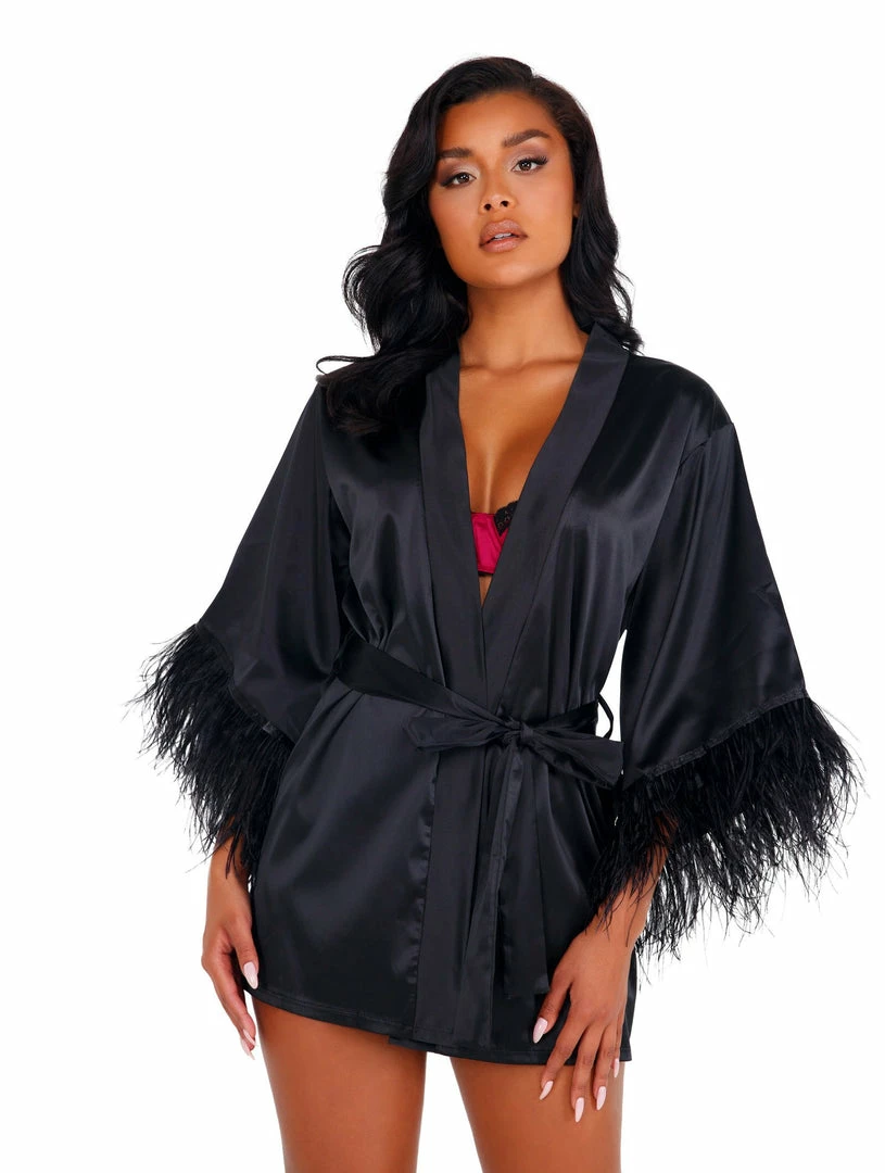 Roma Costume Soft Satin Robe With Ostrich Feathered Trim LINGERIE 7 Roma Costume Soft Satin Robe With Ostrich Feathered Trim LINGERIE