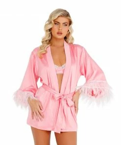 Roma Costume Soft Satin Robe With Ostrich Feathered Trim LINGERIE 10 Roma Costume Soft Satin Robe With Ostrich Feathered Trim LINGERIE