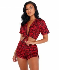 Roma Costume Heart Shaped Leopard Satin Pajama Set LINGERIE