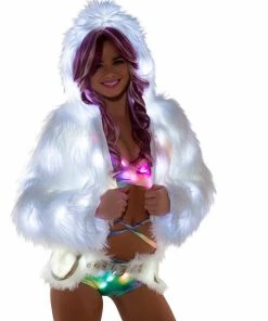 JValentine CLOTHING Light Up Fur Hooded Cropped Jacket