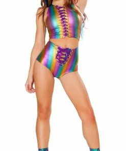 JValentine Rainbow Hologram Denim Lace-up Short CLOTHING