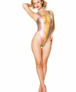 JValentine Tops Hologram Denim Lace-Up Bodysuit