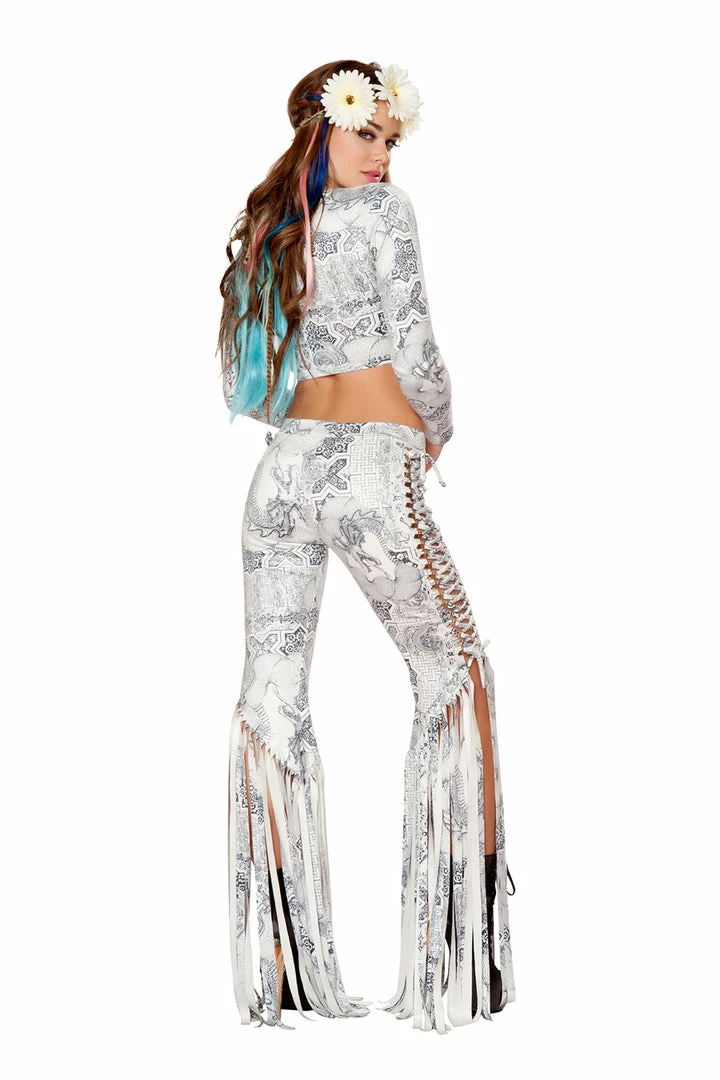 JValentine CLOTHING Celtic Dragon Print Faux Suede Lace-Up Fringe Pants 4 JValentine CLOTHING Celtic Dragon Print Faux Suede Lace-Up Fringe Pants