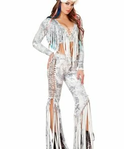 JValentine CLOTHING Celtic Dragon Print Faux Suede Lace-Up Fringe Pants