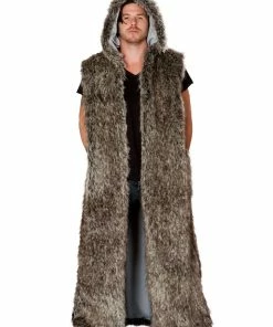 JValentine Men's Black Wolf Faux Fur Hooded Duster Jackets & Coats