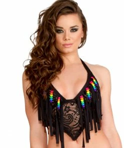 JValentine Beaded Fringe Lace Top CLOTHING